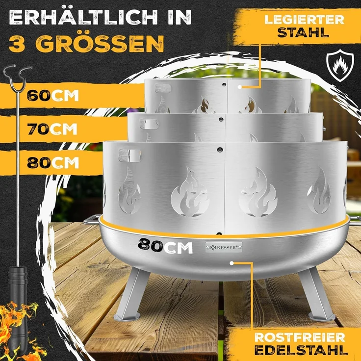 KESSER® Feuerschale mit 2,5 mm Stahldicke Feuerkorb aus Edelstahl / Stahl inklusive 42cm Feuerhaken aus Gusseisen, Wasserablauf & 2 stabile Griffe für Holz & Kohle Feuerstelle für Garten & Terrasse Ø 60 cm, Edelstahl + Funkenschutz – Bild 8