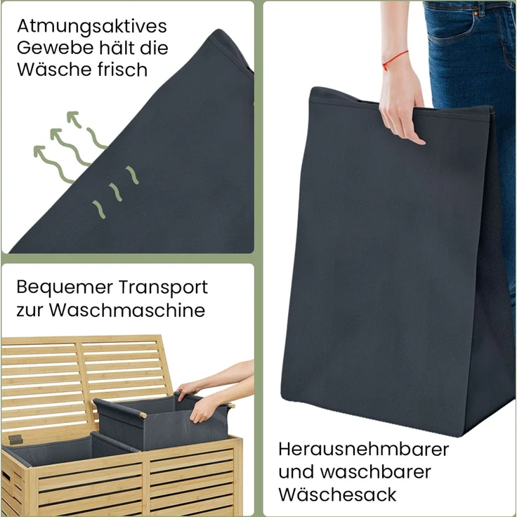 Bellamio 'Newa' Wäschesammler, 120 Liter (2x 60 Liter), Bambus, herausnehmbare Wäschesäcke aus Oxford-Gewebe, anthrazit, Wäschekorb mit Deckel – Bild 6