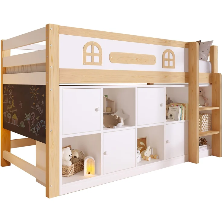 ZUBALIYA Halbhohes Bett, mit Ablagefächern und Leiter und Kreidetafel, Maße 90 x 200 cm, Weiß und Natur, Stockbett, fürs Schlafzimmer, Samt – Bild 9