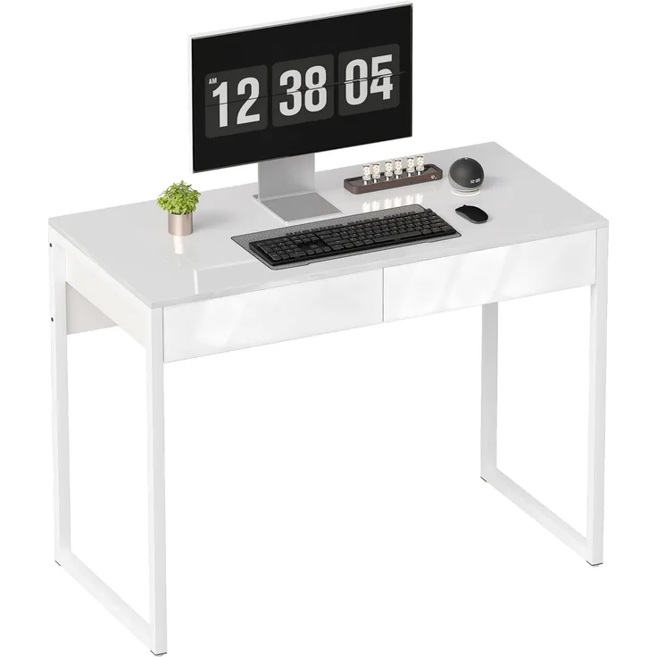 Schreibtisch mit 2 Schubladen, Computertisch 100 x 50 cm, moderner Schreibtisch mit Stahlgestell, für kleine Räume, Hochglanzweiß