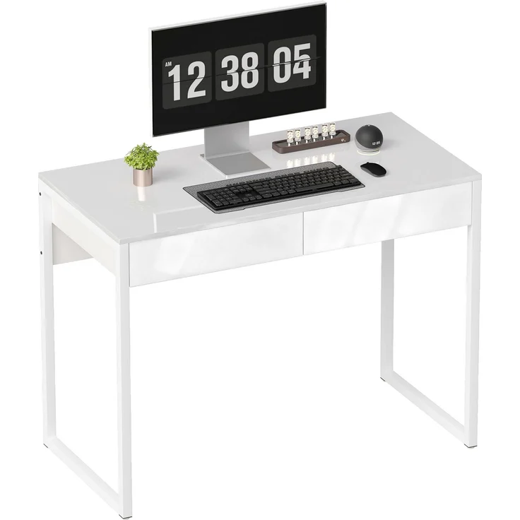 Schreibtisch mit 2 Schubladen, Computertisch 100 x 50 cm, moderner Schreibtisch mit Stahlgestell, für kleine Räume, Hochglanzweiß – Bild 1