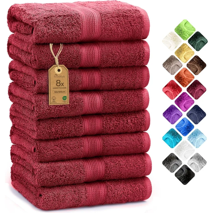 NatureMark 8 Handtücher Set - 100% Baumwolle - Saugfähige und langlebige Handtücher, Größe 50×100 cm, Bordeauxrot