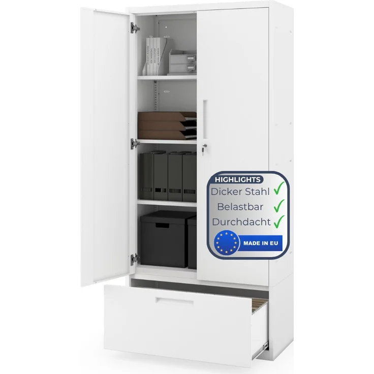 Metallschrank mit Hohe Schublade RUEL - 195x90x40cm Weiß | Büroschrank Aktenschrank Stahlschrank Fachbodenschrank Werkstattschrank – Bild 1