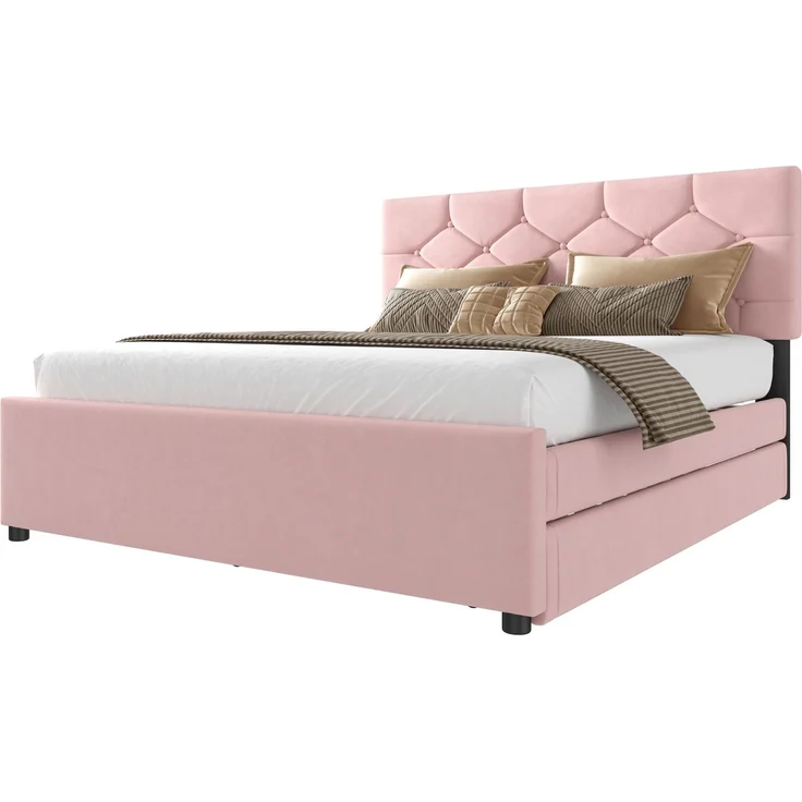 Polsterbett 140×200 cm aus Samt-Stoff mit Rollbett und Lattenrost, rosa – Bild 9