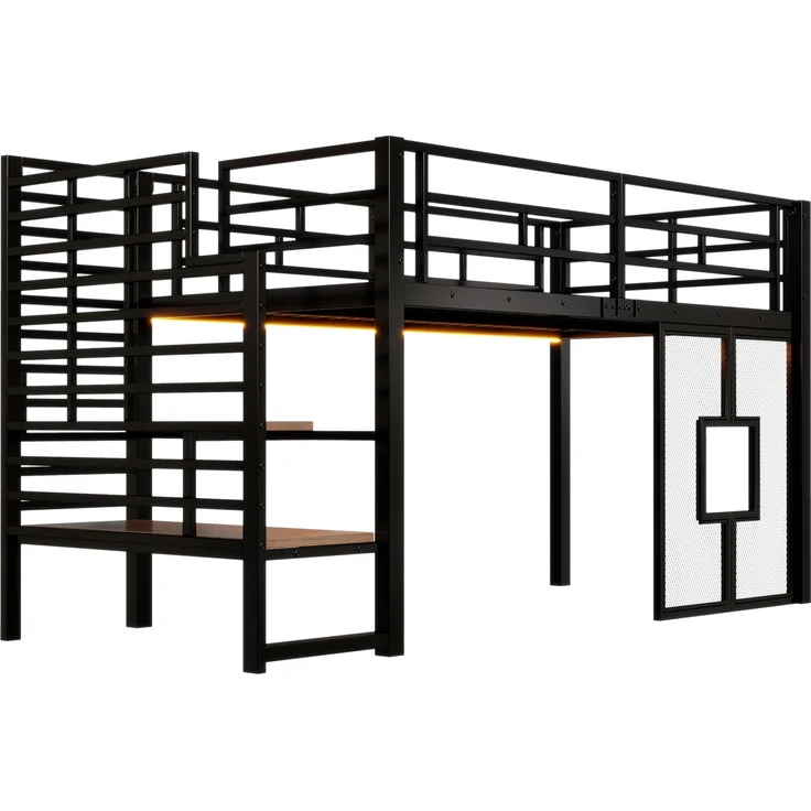 U-life Metall-Hochbett 90x200 cm mit Stauraumtreppe, LED-Beleuchtung und Fenster, Schwarz – Bild 2