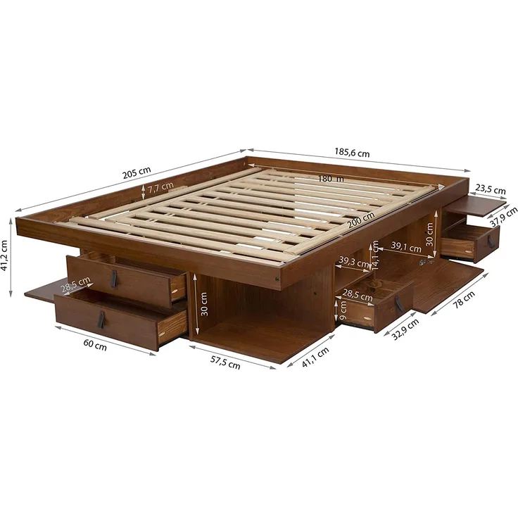 Memomad Set Bali Karamell: Funktionsbett 180x200 + Funktionskopfteil 205 + Lattenrost. Bett und Kopfende aus massiv Holz Kiefer mit viel Stauraum und Schubladen, optimal für kleine Schlafzimmer…
