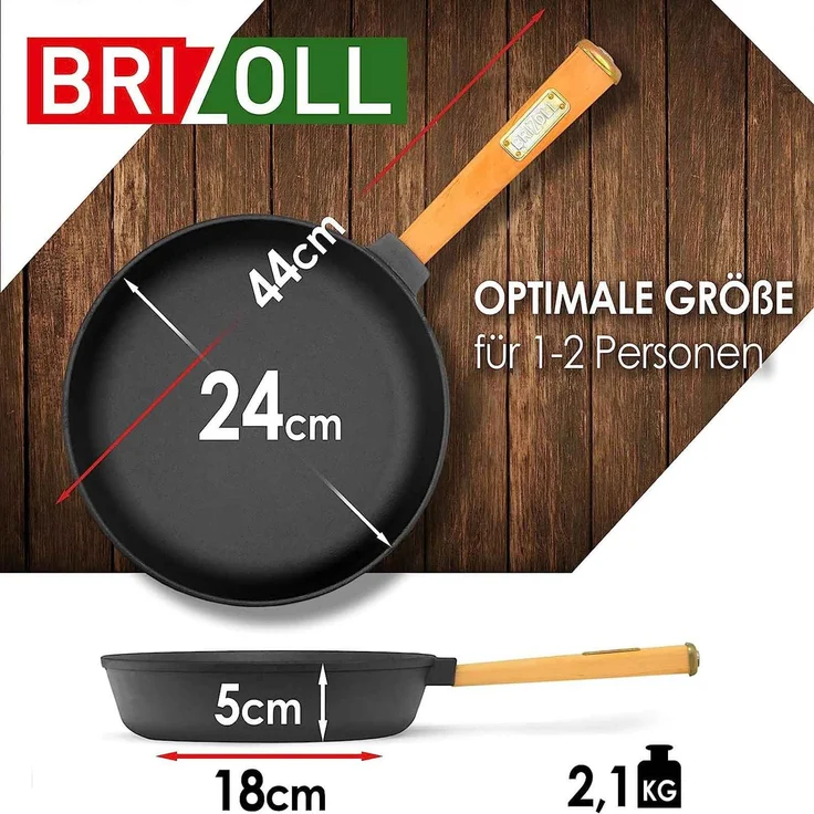 Gusseisenpfanne Set 2x Bratpfanne Gusseisen 24 cm und 26 cm mit Holzgriff Pfanne – Bild 4