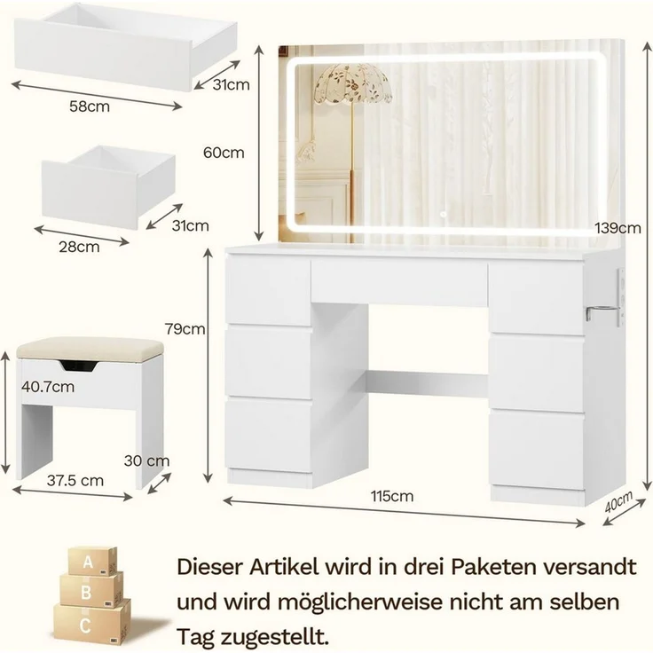 HOMALL Schminktisch 115 cm großer LED-Schminktisch mit einstellbarer Helligkeit (Maße: 115 × 40 × 139 cm, mit 7 Schubladen, 2 Steckdosen, 1 USB-Anschluss und 1 Typ-C-Anschluss sowie einer Halterung für den Föhn, als Set mit Frisiertisch und Stuhl erhäl... – Bild 2