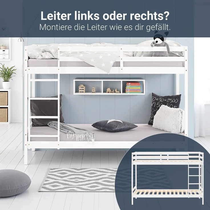 Homestyle4u Etagenbett, Kiefernholz weiß, 90x200 cm – Bild 7