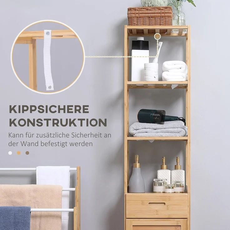 Kleankin Badkommode aus Bambus, mit Schublade, drei Ablagen, offenes Fach (Badezimmerschrank, 1 St, Badezimmermöbel), für Badezimmer, 32 x 30 x 163 cm Naturholz – Bild 6