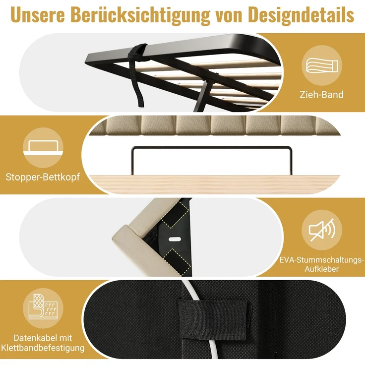EINHOM Polsterbett Einzelbett 160 x 200 cm, Stauraum-Kopfteil mit USB, LED-Beleuchtung am Kopf- und Fußende des Bettes, mit Hydraulischem Stauraum, Leinen, Beige, (Ohne Matratze) – Bild 7