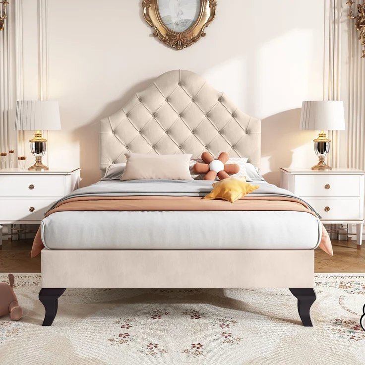 EINHOM Polsterbett 90 x 200 cm mit Lattenrost und Kopfteil, Polsterbett mit Höhenverstellbares Kopfteil, Jugendbett, Einzelbett, Holzlattenunterstützung, Einfache Montage, Samt, Beige, (Ohne Matratze) – Bild 4