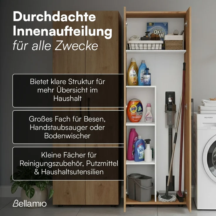Bellamio 'Apol' Mehrzweckschrank, Eichenoptik, 176x33x60 cm, Besenschrank mit Staubsaugerfach und 4 weiteren Fächern – Bild 3