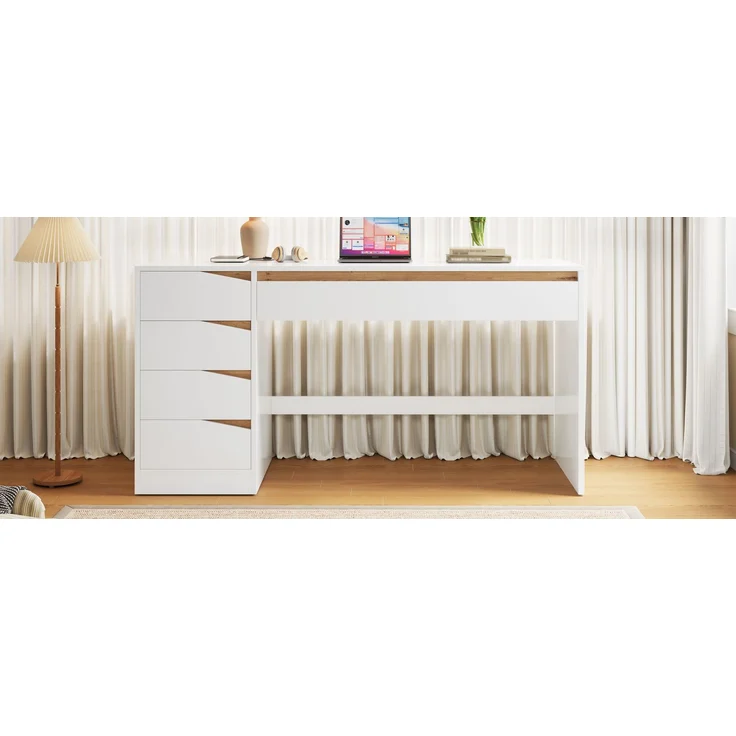 ZUBALIYA Schreibtisch 140x50 cm mit 5 Schubladen, Weiß/Eiche-Optik, Moderner Computertisch mit extra großer Arbeitsfläche, Schminktisch mit Stauraum, Bürotisch für Homeoffice, Schlafzimmer und Arbeitszimmer – Bild 19