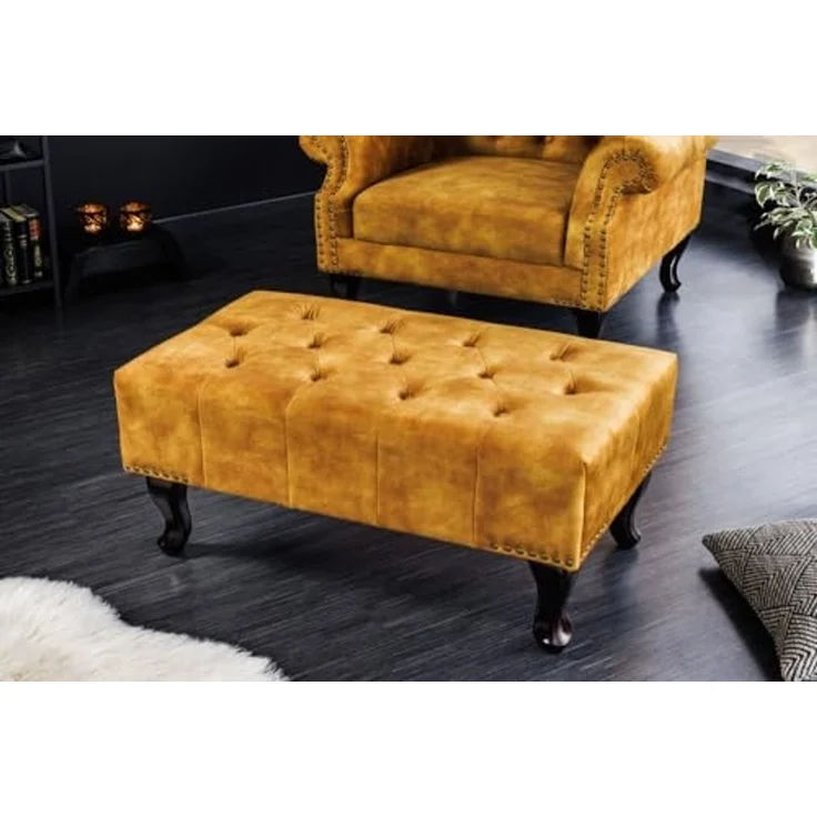 riess-ambiente Fußhocker CHESTERFIELD 80cm senfgelb / dunkelbraun (Einzelartikel, 1 St), Wohnzimmer · Samt · Wellenunterfederung · Chesterfield Design – Bild 2
