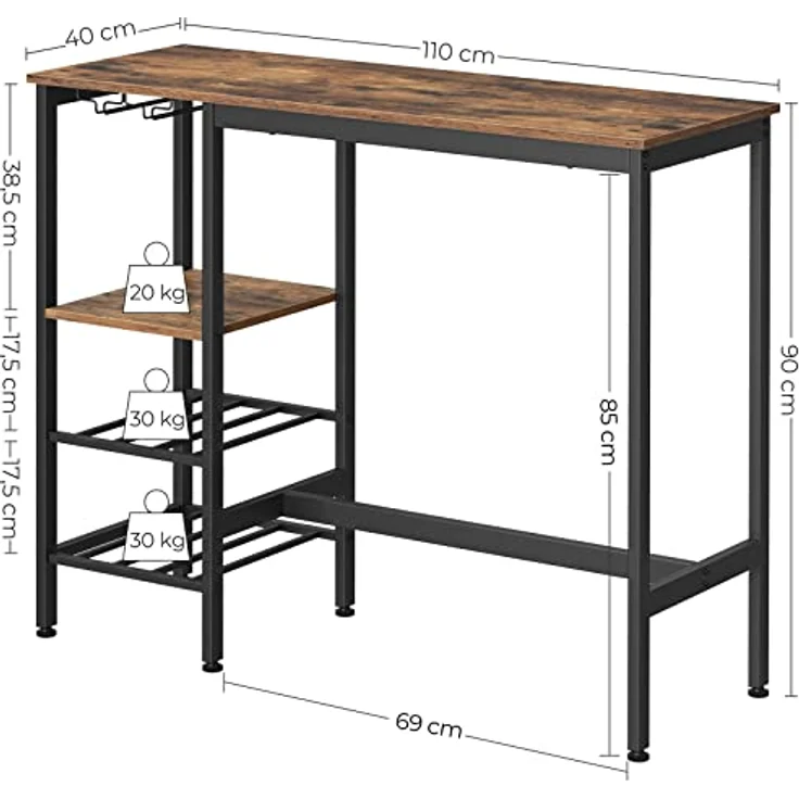 Vasagle Bartisch, 110 x 40 x 90 cm, mit Halterungen für Weingläser und Flaschen, Vintagebraun/Schwarz LBT013B01 – Bild 4