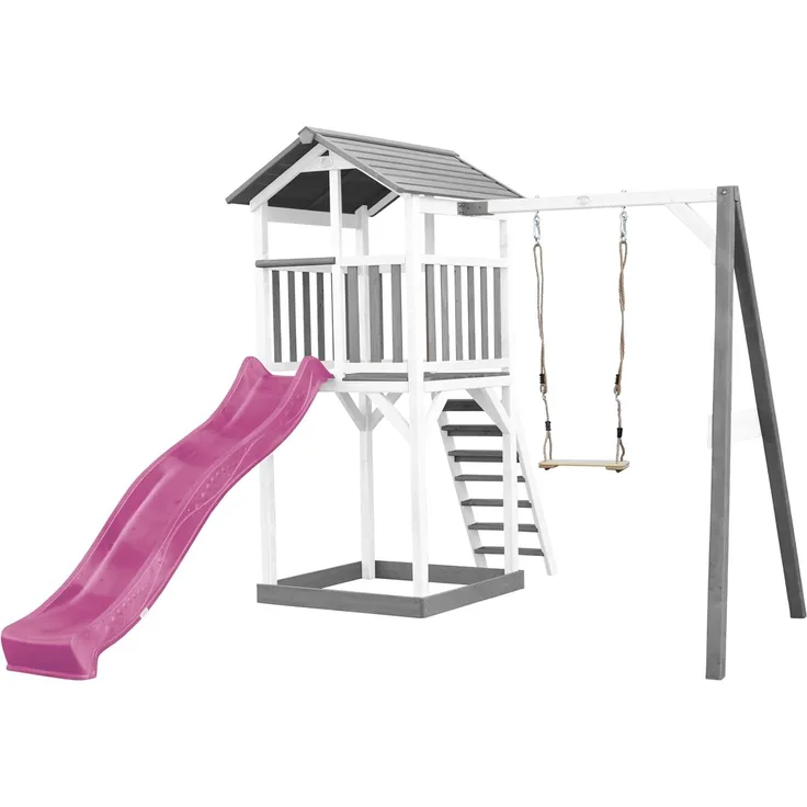 AXI Beach Tower Spielturm aus Holz in Weiß & Grau Spielhaus für Kinder mit lila Rutsche, Schaukel und Sandkasten | Weiß, grau, lila | Holz | 349 cm
