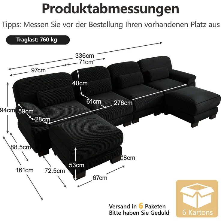 Modulares Sofa 336x161x94 cm in Schwarz mit Cordbezug, flexibler L- oder U-Form – Bild 4
