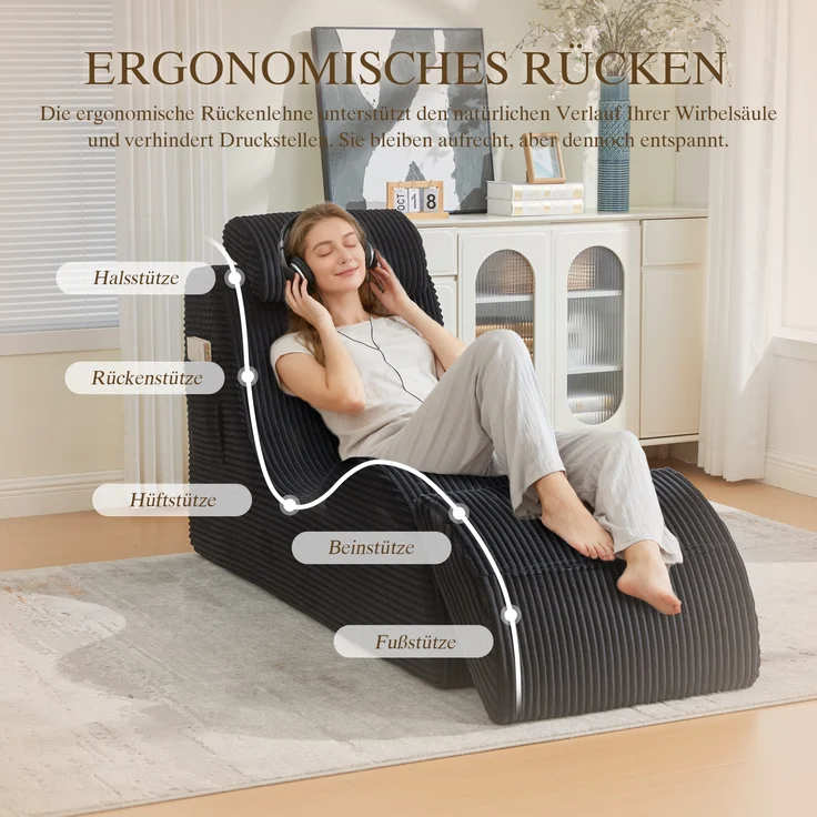 LVHOM Relaxsessel Ergonomisches Design, Lesesessel mit verstellbarer Kopfkissen und Sitzkissen, Fernsehsessel mit Seitentasche, Cord Bezug, bis 200kg belastbar – Bild 5