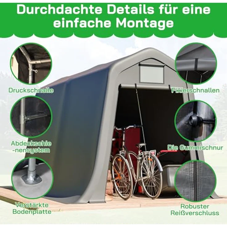 Ball & Cast Fahrradgarage wetterfest Geräteschuppen mit Belüftungsfenster Carport Zelt mit UV-Schutz Fahrradschuppen für Regenschutz Motorrad Garage Gartenhaus Grau, 213×366×225 cm – Bild 8
