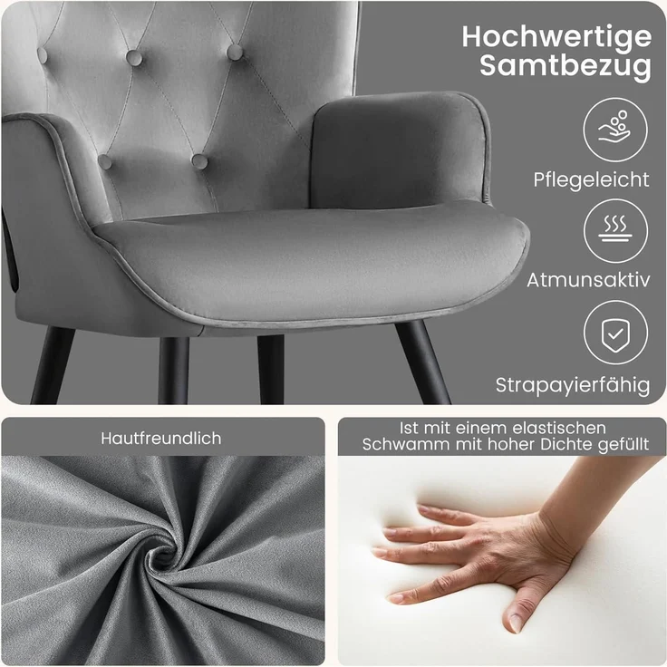 Sessel Ohrensessel Samt Relaxsessel Fußstütze mit Hocker Grau – Bild 6