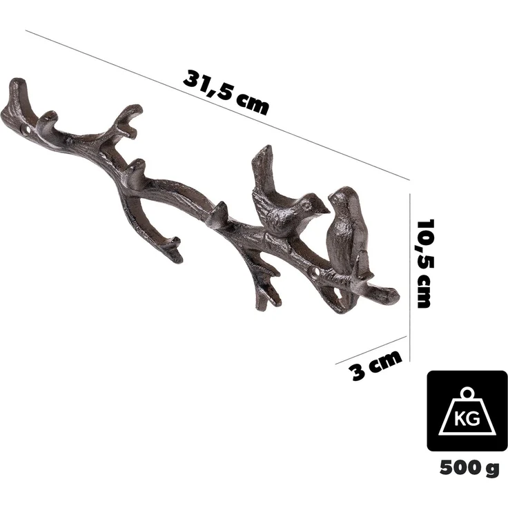 KADAX Hakenleiste aus Gusseisen 31,5 x 10,5 cm, rustikale Wandgarderobe im Ast-Design mit 2 Vögeln, Garderobenleiste zur Wandmontage, Garderobe Wandhaken (Braun) – Bild 3