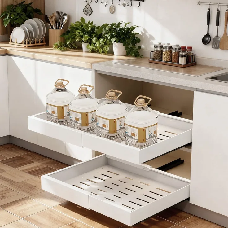 Home Nature Wohnkonzept Küchenschrank Ausziehschublade, 2er Set, mit Klebehalterung ohne Bohren, 52 x 42 x 7,5 cm, Karbonstahl, Vielseitig für Küche und Bad, Weiß