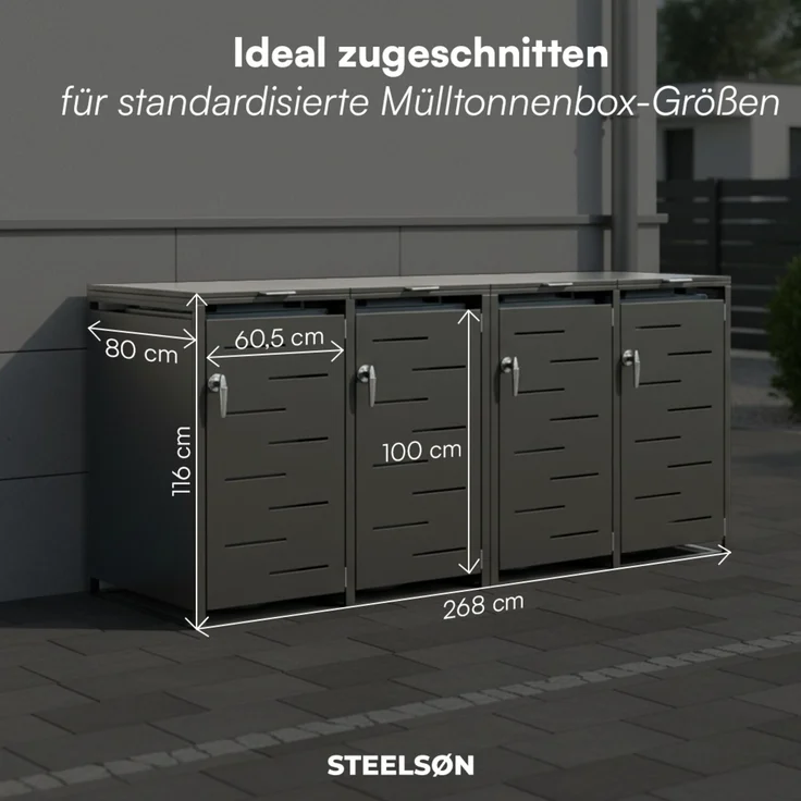STEELSØN 'Diorus' Mülltonnenbox 4er je 240 Liter, graphitschwarz, Mülltonnenverkleidung aus Stahl mit Sichtstreifen, wetterfest, 116x80x268 cm, abschließbare Müllbox für 4 Tonnen – Bild 5