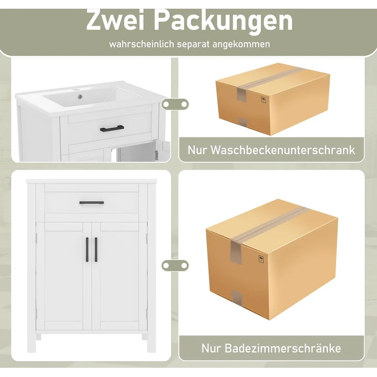 60 x 46 x 84,8 cm Bodenstehender Badezimmerschrank mit Waschbecken,Waschtisch,Volllackierung, Doppeltürregale, praktische Schubladen, verstellbare Regale, integriertes Keramikwaschbecken,weiß – Bild 10
