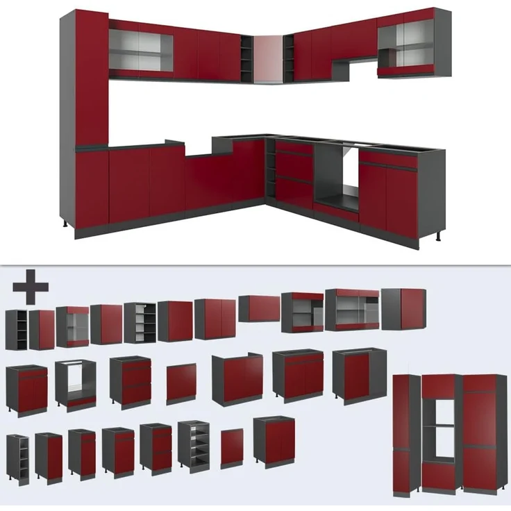 Eckküche R-Line Rot/Anthrazit 277 x 257 cm J-Shape, AP Anthrazit Vicco – Bild 7