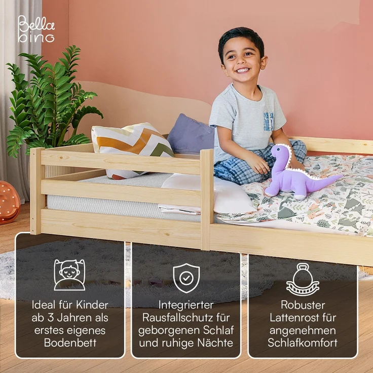 Bellabino 'Iskri' Bodenbett 140x200 cm, natur, Massivholz Kiefer, Montessori Kinderbett mit Rausfallschutz und Lattenrost – Bild 3