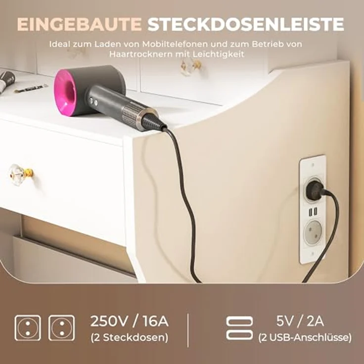 COMHOMA Schminktisch mit Spiegel und LED, 5 Schubladen, 80 x 40 x 135 cm mit Hocker, Steckdosen+verstellbaren LED-Beleuchtung – Bild 3