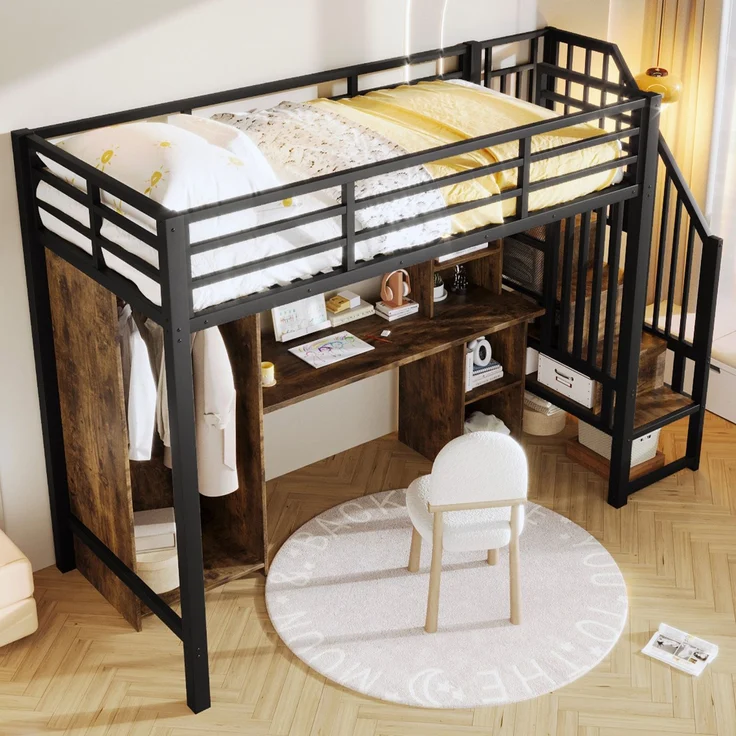Hochbett mit Schreibtisch, Bücherregal, Kleiderschrank und Rausfallschutz, 90x200cm, Treppe mit Regal, Kinderbett, Metallbett – Bild 4