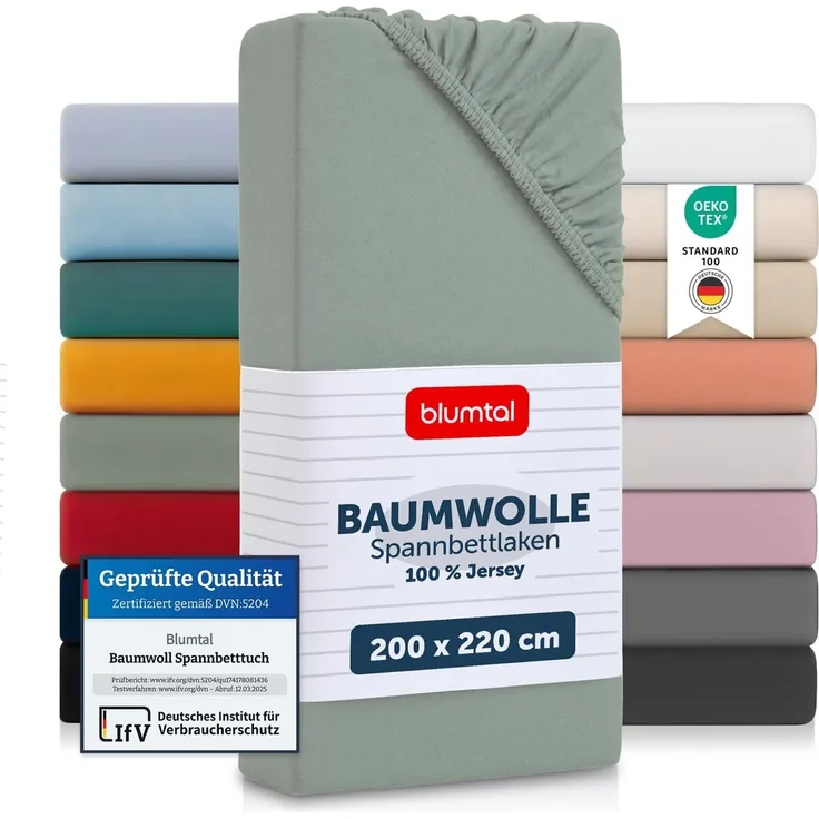 Blumtal® Spannbettlaken 200x220 cm Basics Jersey - Bettbezug 200x220 cm aus 100% Baumwolle - Oeko-TEX zertifiziertes Spannbetttuch 200x220 cm - 200x220 Spannbettlaken - Bettbezug - Summergreen - Grün