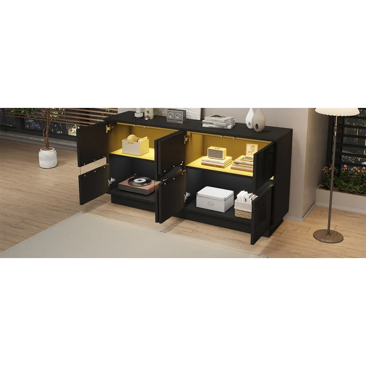 ZUBALIYA Sideboard 140x35x70 cm, mit LED-Beleuchtung, Hochglanz, mit 4 Türen, aus Spanplatte, Schwarz – Bild 22