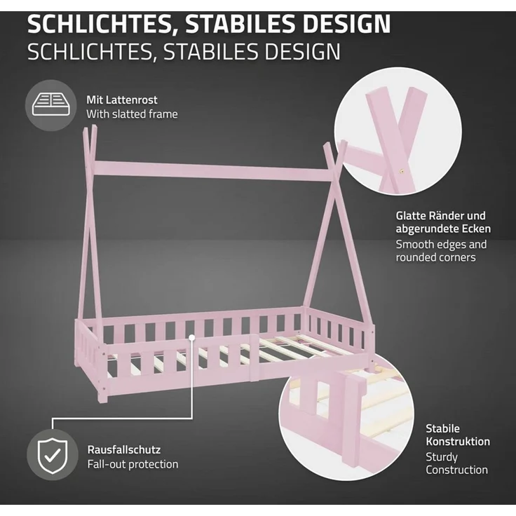 ML-DESIGN Spielbett Hausbett Tipi Zeltbett inkl. Lattenrost Bodenbett Kinder Himmelbett, Abenteuerbett mit Rausfallschutz Zelt Bett Kiefer Rosa Kinderhaus – Bild 3