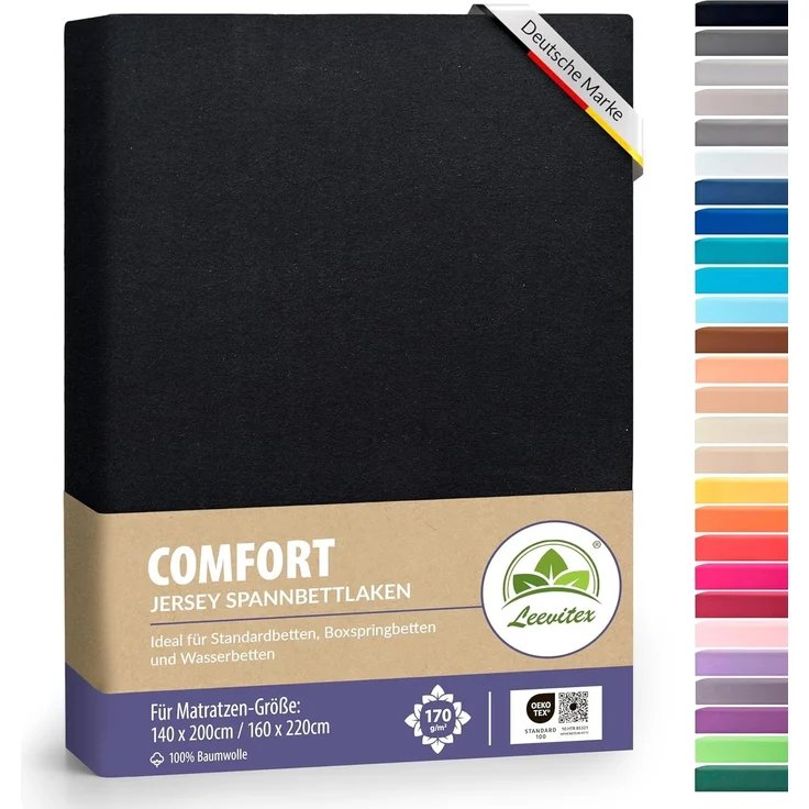 leevitex® Spannbettlaken, Premium 170g/m², Gummizug: rundum, schwer und dick, 100% Jersey-Baumwolle, Schwarz, 140 x 200 - 160 x 220 cm