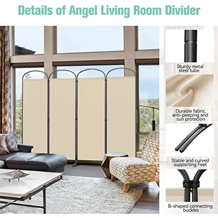 Angel Living Paravent Bogen Klappbar Raumteiler Freistehend Sichtschutzwand (4 St), Paravent 4 Teilig, 224 (B)x 50(T)x182(H)cm – Bild 7