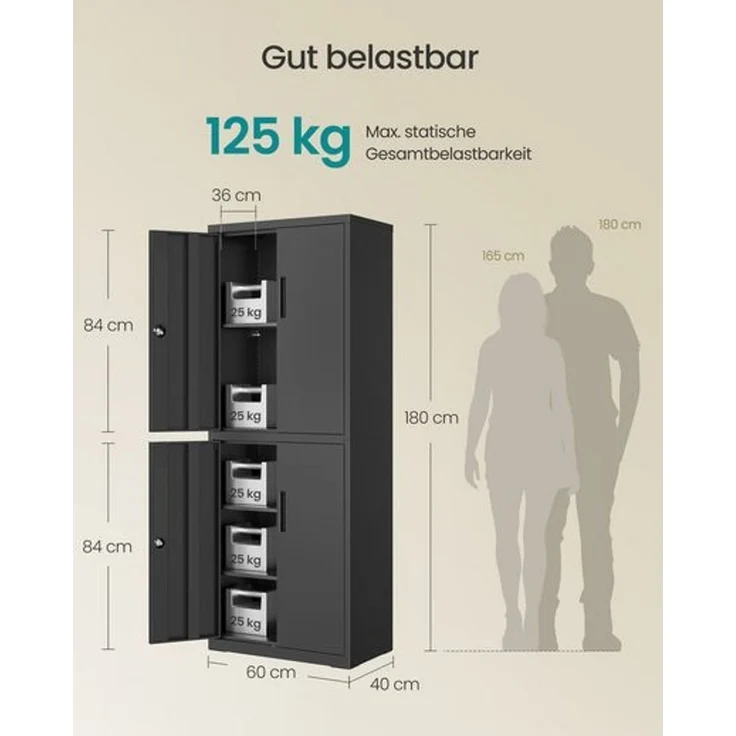 SONGMICS Aktenschrank, Mehrzweckschrank, Büroschrank, mit 4 Türen und 5 Ebenen, 40 x 60 x 180 cm, 2 Schlösser, verstellbare Ablagen, Aufbewahrungsschrank aus Stahl, mattschwarz – Bild 5