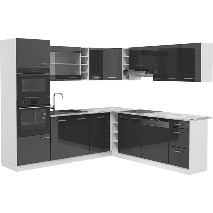 Eckküche R-Line Anthrazit Hochglanz/Weiß 247 x 237 cm, AP Marmor Vicco – Bild 1