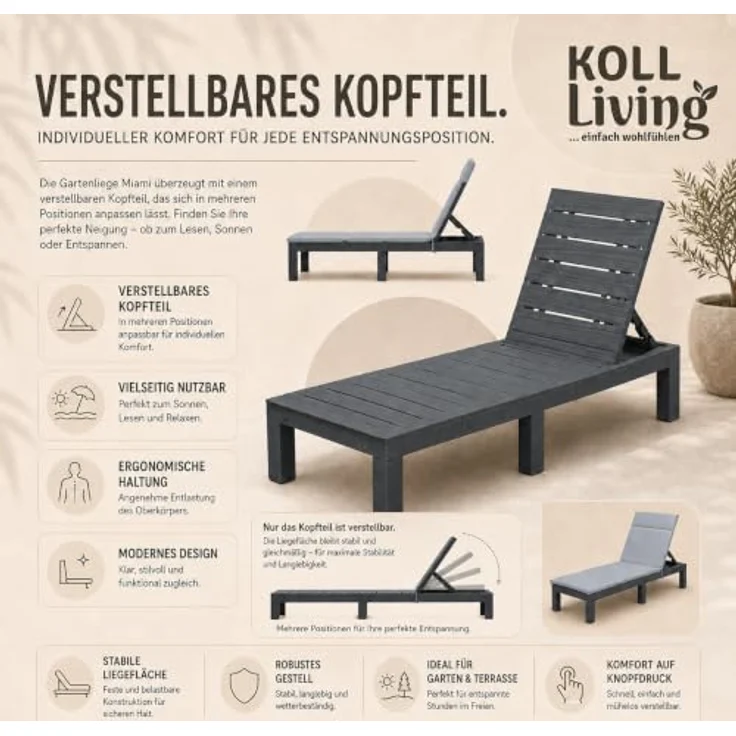 Koll Living Gartenliege 'Miami', UV- und wetterbeständig, Kunststoff in Anthrazit mit grauer Auflage, 187 cm Länge – Bild 3