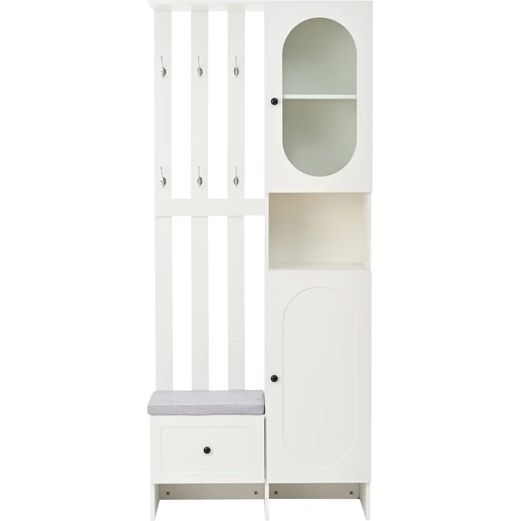 85*33.5*200cm Kompaktgarderoben,Startseite Möbel Mit 2 Schränken,Aufbewahrungsschrank aus gehärtetem Glas, Garderoben-Set Weißer Eingangsschrank, Garderobenständer mit Schuhbank und Polster – Bild 10
