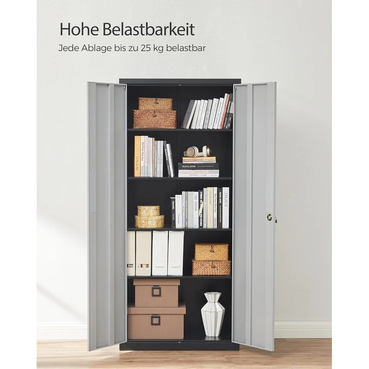 Songmics Aktenschrank, Mehrzweckschrank, Stahl-Aufbewahrungsschrank, 5 Ebenen, Doppeltüren, Schloss, Werkzeugschrank, verstellbare Ablagen, Garage, Büro, Wohnzimmer, silbern-schwarz OMC015S01 – Bild 6