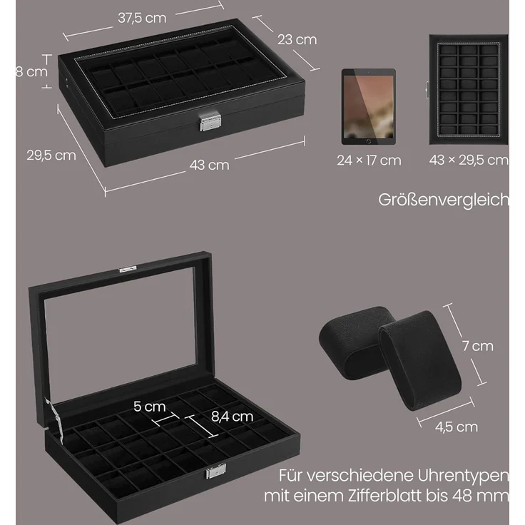SONGMICS Uhrenbox, abschließbarer Uhrenkasten, Uhrenkoffer, Organizer für Uhren, mit 24 Fächern, Glasdeckel, Geschenk für die Liebsten, PU-Bezug in Tintenschwarz, Samtfutter in Tintenschwarz JWBDE024B02 – Bild 5