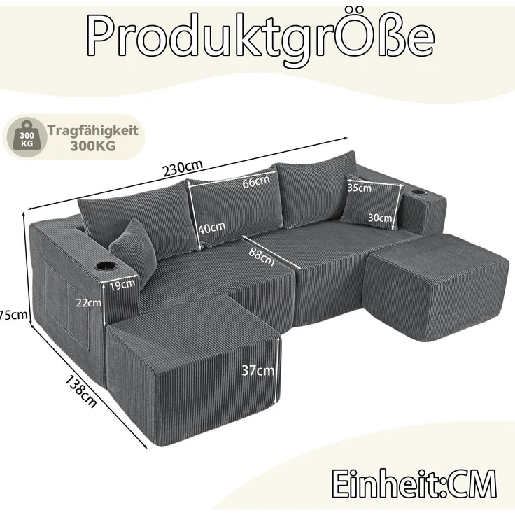 Ecksofa, Cordstoff mit 2 beweglichen Ottomanen & Getränkehaltern, 3-Sitzer, 230×138×75 cm, Grau – Bild 6