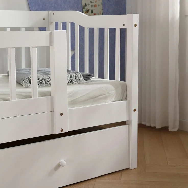 LEADZM Kinderbett mit Schubladen 70x140 / 80x160 / 90x200cm, Hausbett mit Lattenrost, Bodenbett mit Stauraum und Abnehmbarer Barriere, Weiß – Bild 4