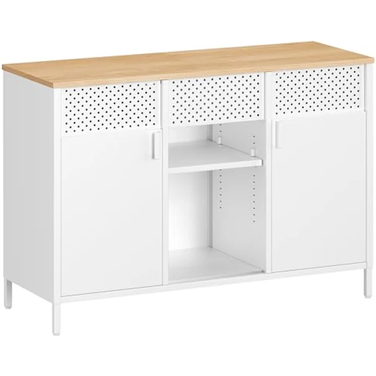 SONGMICS Aufbewahrungsschrank, Metallschrank, Schrank mit Doppeltür, Sideboard, Magnetverschluss, verstellbare Einlegeböden, Stahlgestell, mattweiß-eichenbeige LSC204WC01 – Bild 2