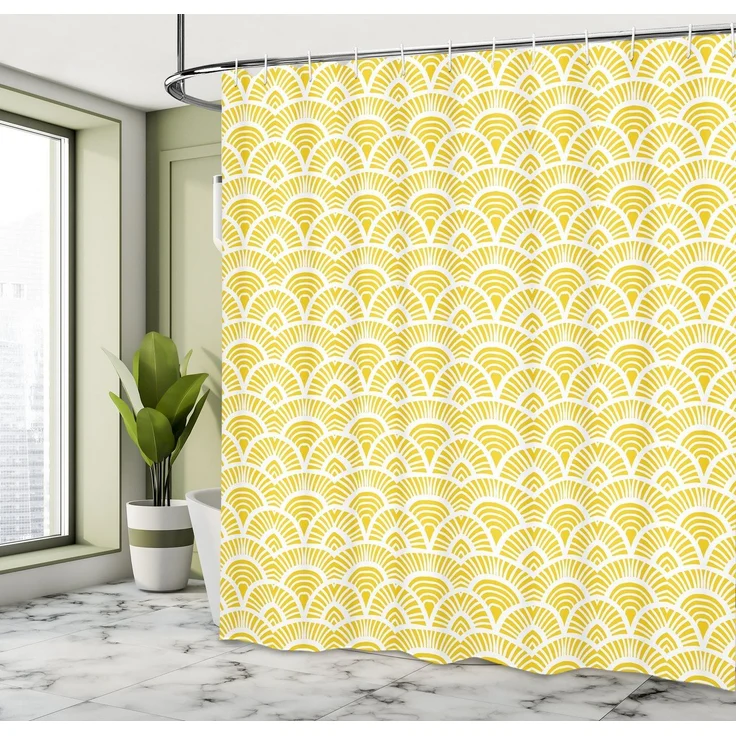 Abakuhaus Duschvorhang Moderner Digitaldruck mit 12 Haken auf Stoff Wasser Resistent Breite 175 cm, Höhe 180 cm, Gelb Vintage Bohem Geometric – Bild 2