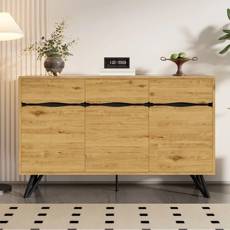 DESVIAE Sideboard mit 3 Türen 140x75,5x40 cm aus Spanplatte in Holzfarbe und Schwarz – Bild 4