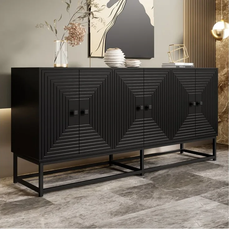 MODFU Lowboard Sideboard 160x75,5x38 cm mit 3 Doppeltüren, matt-schwarz (Packung, 1 St, rei große Doppeltürfächer, mit hochwertigen Scharnieren), Großem Stauraum und Matt-Oberfläche,Solider Rahmen